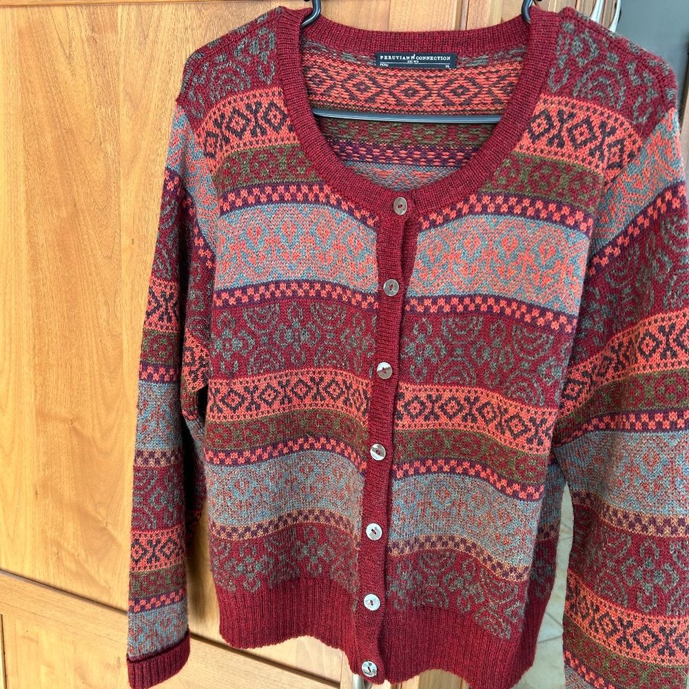 Peruvian Connection Alpaca Button Front Cardigan w/pattern, XL, EUC